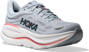 Quarter turn view Women's HOKA Footwear style name Bondi 9 in color Mineral Blue/ Washed Blue. Sku: 1162012-MBLW