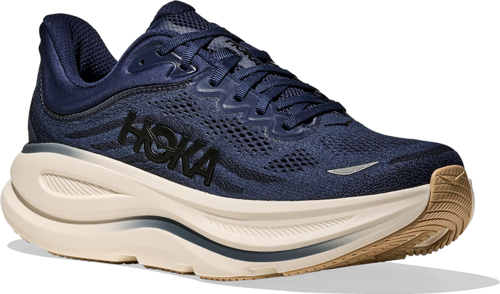 Quarter turn view Men's HOKA Footwear style name Bondi 9 Wide in color Midnight Blue/ Varsity Navy. Sku: 1162013-MVR