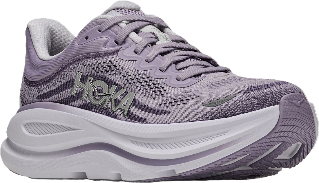 A Hoka running shoe in lavender purple and white, featuring a textured mesh upper, purple laces, and a thick cushioned white and purple sole.