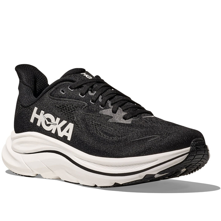 Quarter turn view Men's Hoka Footwear style name Clifton 10 in color Black/ White. Sku: 1162030-BWHT