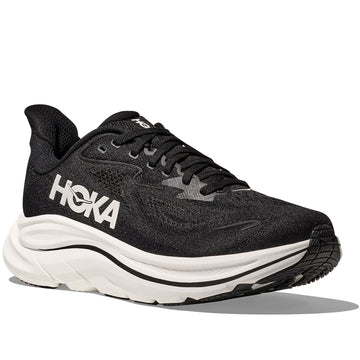 Quarter turn view Men's Hoka Footwear style name Clifton 10 in color Black/ White. Sku: 1162030-BWHT