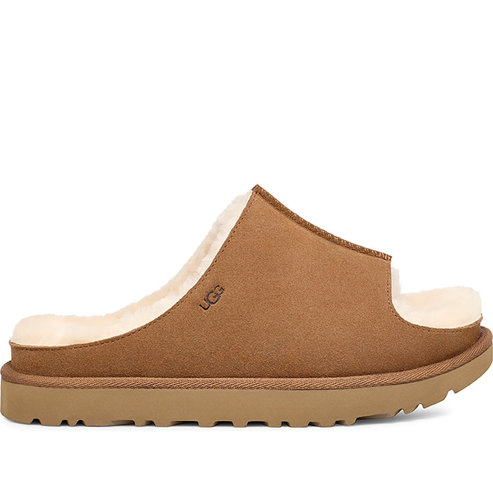 Quarter turn Women's UGG Footwear style name Greenport Slide in color Chestnut. Sku: 1167610-CHE