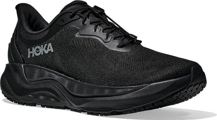 Quarter turn view Men's HOKA Footwear style name Arahi SR Wide in color Black/ Black. Sku: 1168714-BBLC