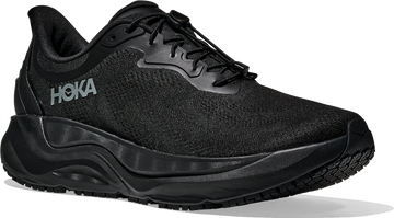 Quarter turn view Men's HOKA Footwear style name Arahi SR Wide in color Black/ Black. Sku: 1168714-BBLC