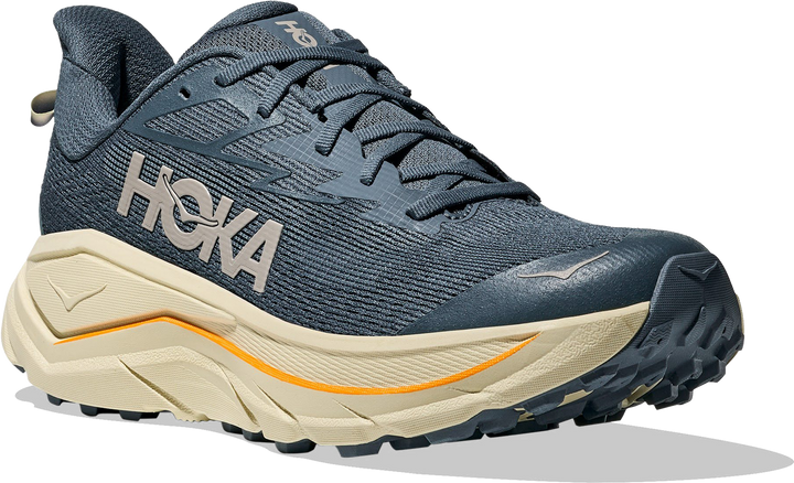Quarter turn view Men's HOKA Footwear style name Challenger 8 in color Faded Navy/ Pampass Grass. Sku: 1168716-FYP