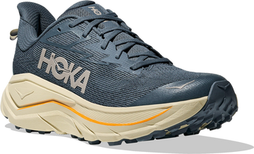 Quarter turn view Men's HOKA Footwear style name Challenger 8 in color Faded Navy/ Pampass Grass. Sku: 1168716-FYP