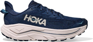 Quarter turn view Women's HOKA Footwear style name Challenger 8 in color Midnight Grout. Sku: 1168717-MGRT