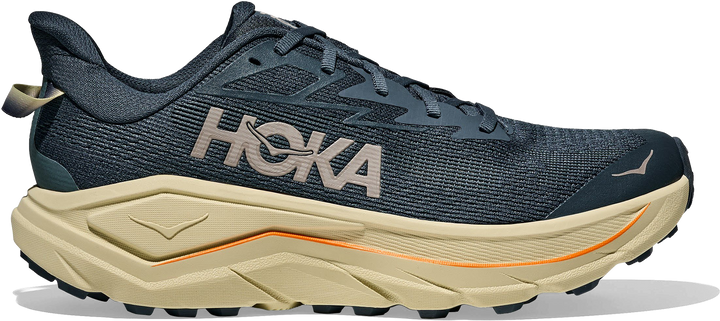 Quarter turn view Men's HOKA Footwear style name Challenger 8 Wide in color Faded Navy/ Pampass Grass. Sku: 1168718-FMP