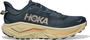 Quarter turn view Men's HOKA Footwear style name Challenger 8 Wide in color Faded Navy/ Pampass Grass. Sku: 1168718-FMP