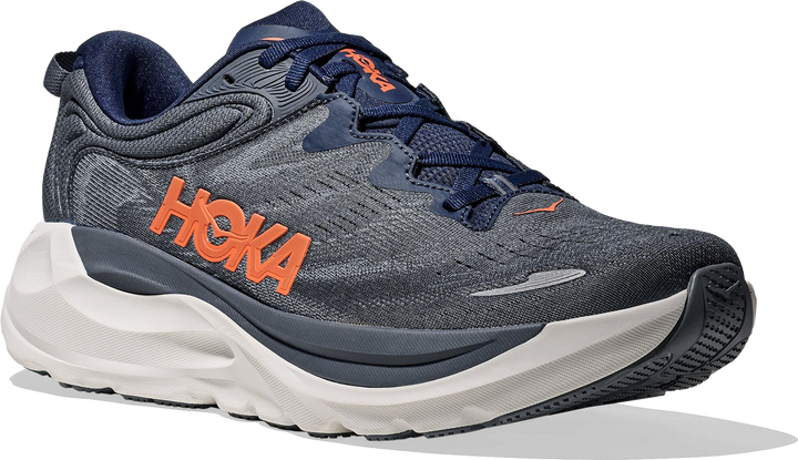 Quarter turn view Men's HOKA Footwear style name Gaviota 6 XWide in color Midnight Blue/ Faded Navy. Sku: 1171936-MLFD