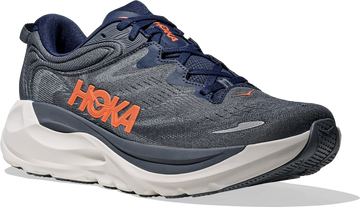 Quarter turn view Men's HOKA Footwear style name Gaviota 6 XWide in color Midnight Blue/ Faded Navy. Sku: 1171936-MLFD