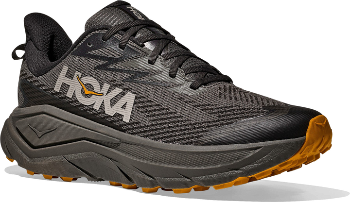 Quarter turn view Men's HOKA Footwear style name Challenger 8 GTX in color Asphalt Grey/ Varsity Yellow. Sku: 1171958-AYV