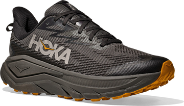 Quarter turn view Men's HOKA Footwear style name Challenger 8 GTX in color Asphalt Grey/ Varsity Yellow. Sku: 1171958-AYV