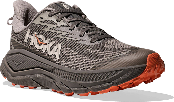Quarter turn view Women's HOKA Footwear style name Challenger 8 GTX in color Cement/ Gravel. Sku: 1171959-CVL
