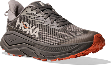 Quarter turn view Women's HOKA Footwear style name Challenger 8 GTX in color Cement/ Gravel. Sku: 1171959-CVL