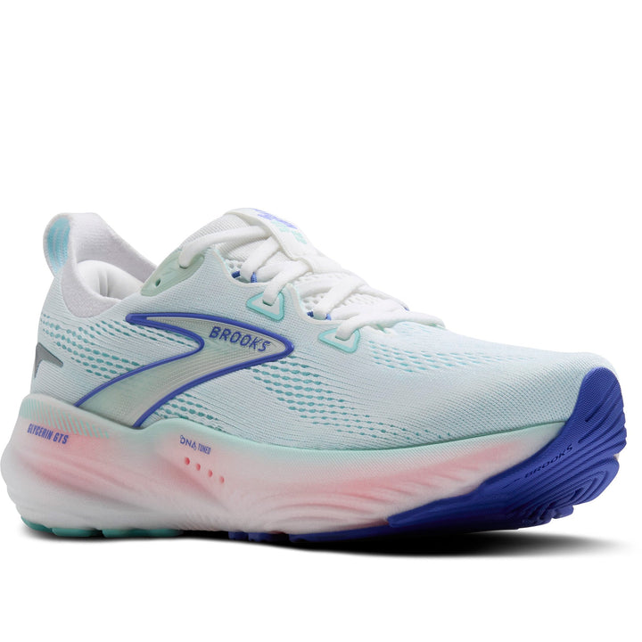 Quarter turn Women's Brooks Footwear style name Glycerin GTS 22 Wide in color White/ Limpet Shell/ Amparo Blue. Sku: 120435-1D110