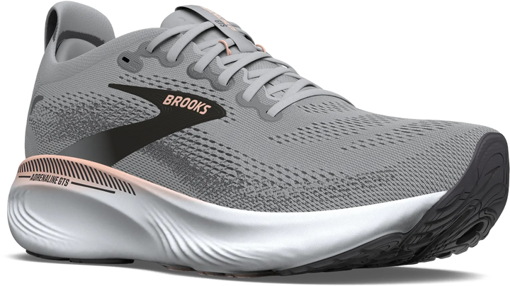 Quarter turn view Women's Brooks Footwear style name Adrenaline GTS 25 Medium in color GR/BKP/COR. Sku: 120443-1B032