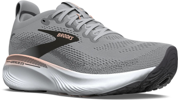 Quarter turn view Women's Brooks Footwear style name Adrenaline GTS 25 Medium in color GR/BKP/COR. Sku: 120443-1B032