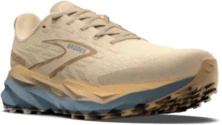 Quarter turn view Women's Brooks Footwear style name Cascadia 19 Medium in color Sand/ Primer/ Starfish. Sku: 120446-1B277
