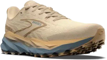 Quarter turn view Women's Brooks Footwear style name Cascadia 19 Medium in color Sand/ Primer/ Starfish. Sku: 120446-1B277