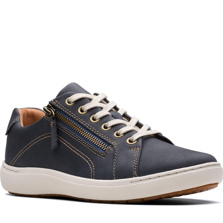 Quarter turn Women's Clarks Footwear style name Nalle Lace Wide in color Navy Nubuck. Sku: 26163570W