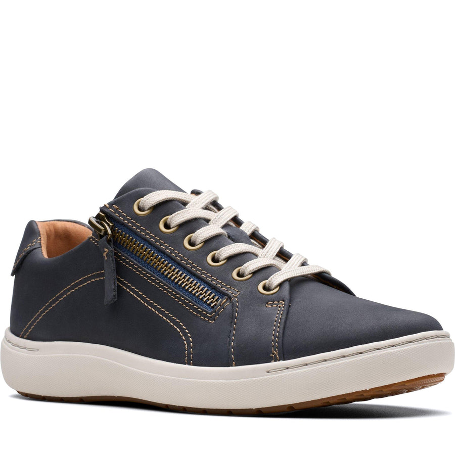 Quarter turn Women's Clarks Footwear style name Nalle Lace Wide in color Navy Nubuck. Sku: 26163570W