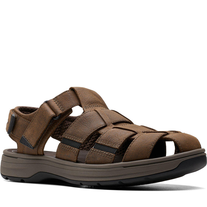 Quarter turn Men's Clarks Footwear style name Saltway Cove Wide in color Dark Brown Leather. Sku: 26176900W