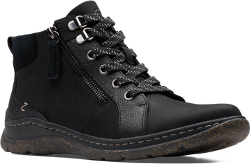 Quarter turn view Women's Clarks Footwear style name Orlene Top Waterproof Extra Wide in color BLK LEA. Sku: 26182991XW
