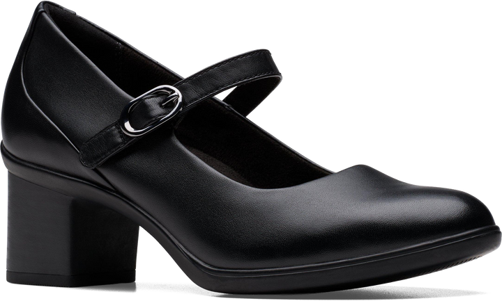 Quarter turn view Women's Clarks Footwear style name Shaya Jane Wide in color BLK LEA. Sku: 26182996W