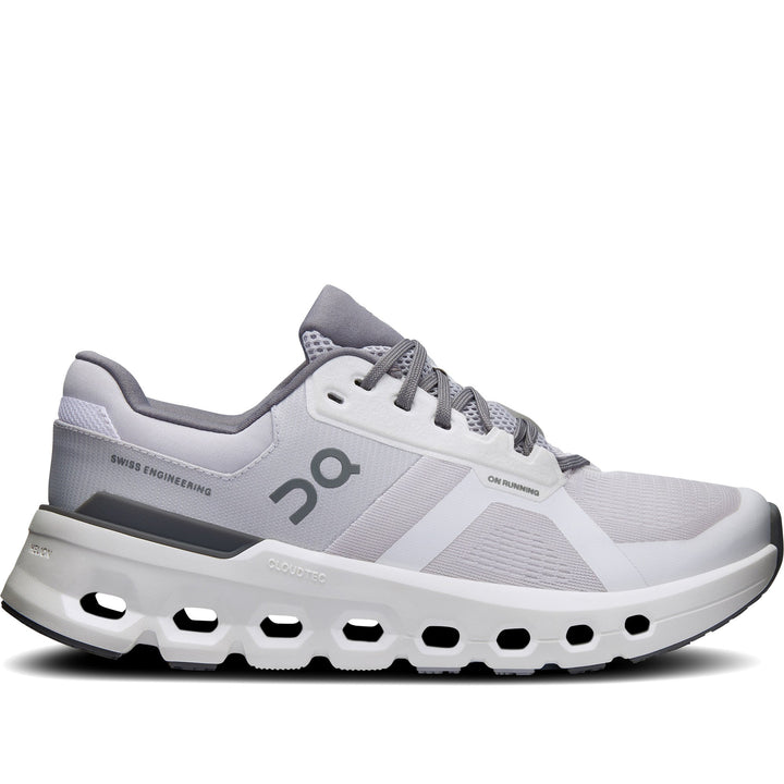 Quarter turn Men's On Running Footwear style name Cloudrunner 2 in color Frost/ White. Sku: 3ME10140622