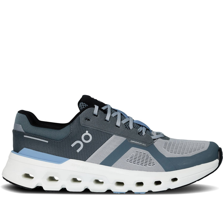 Quarter turn Men's On Running Footwear style name Cloudrunner 2 in color Alloy/ Chambray. Sku: 3ME10143194