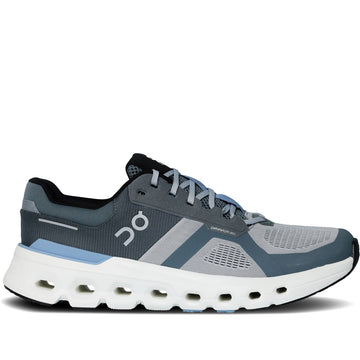 Quarter turn Men's On Running Footwear style name Cloudrunner 2 in color Alloy/ Chambray. Sku: 3ME10143194