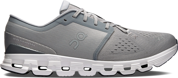 Quarter turn view Men's On Running Footwear style name Cloud X 4 in color Alloy/ Ivory. Sku: 3ME30043228