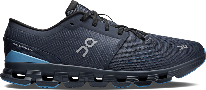 Quarter turn view Men's On Running Footwear style name Cloud X 4 in color Navy/ Gourami. Sku: 3ME30044739
