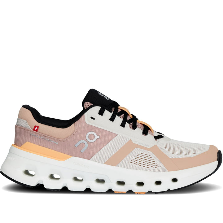 Quarter turn Women's On Running Footwear style name Cloudrunner 2 in color Pearl/ Tangerine. Sku: 3WE10133196