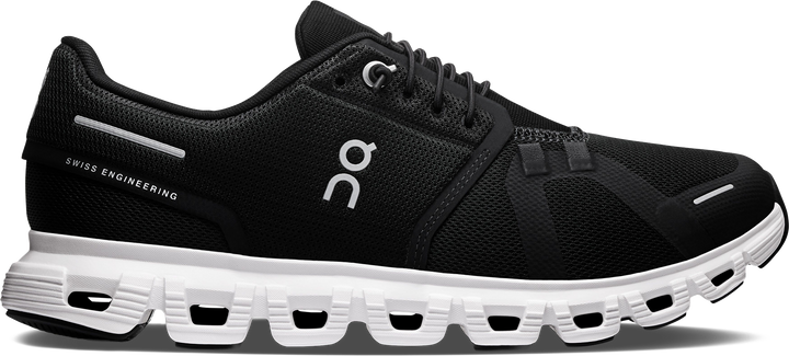 Quarter turn view Women's On Running Footwear style name Cloud 6 Wide in color Black/ White. Sku: 3WG10360299