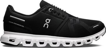Quarter turn view Women's On Running Footwear style name Cloud 6 Wide in color Black/ White. Sku: 3WG10360299