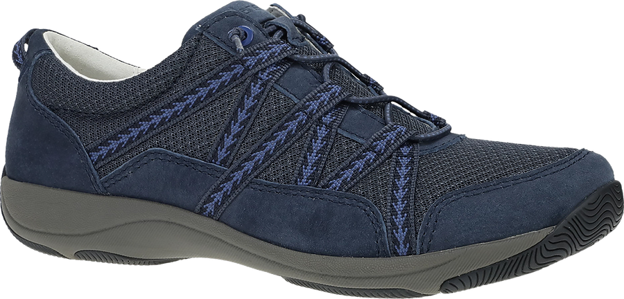 Quarter turn view Women's Dansko Footwear style name Harlyn Wide in color NAVY SD. Sku: 4854050275