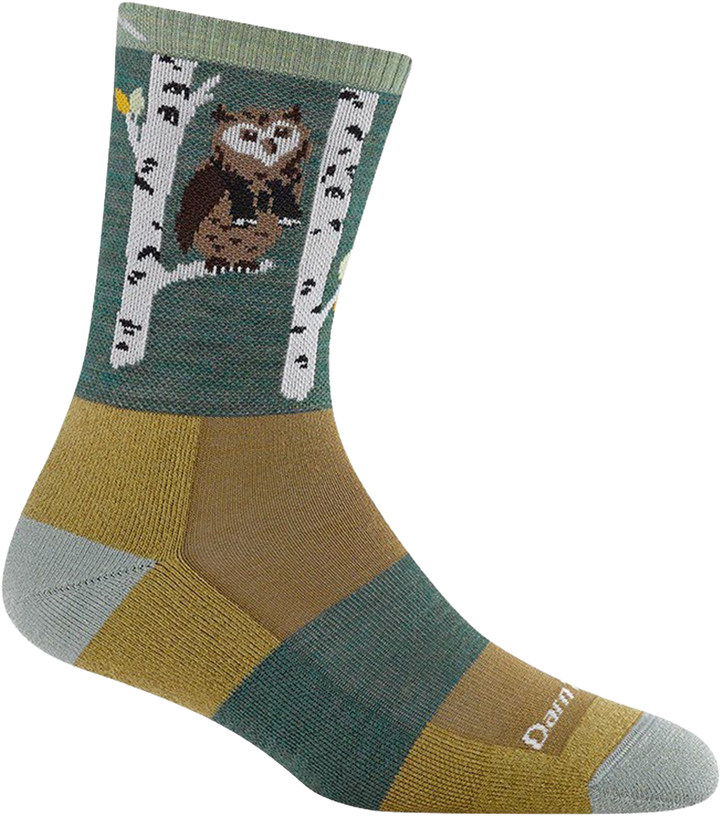 Quarter turn view Women's Darn Tough Sock style name Critter Club in color Sage. Sku: 5001-OWLGREEN