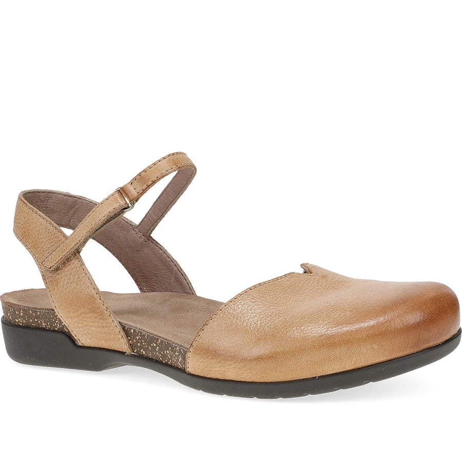 Quarter turn Women's Dansko Footwear style name Rowan in color Honey Distressed. Sku: 6025585300