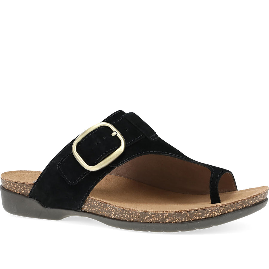 Quarter turn Women's Dansko Footwear style name Rylee in color Black Burnished Suede. Sku: 6031105300