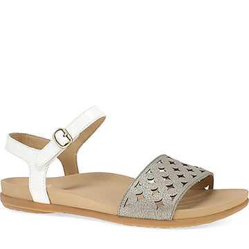 Quarter turn Women's Dansko Footwear style name Jodie in color Platino/ White Leather. Sku: 6224241200