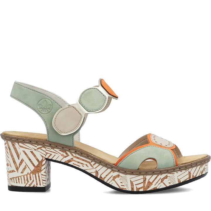 Quarter turn Women's Rieker Footwear style name Fanni 76 in color Orange/ Pistazie. Sku: 63876-91