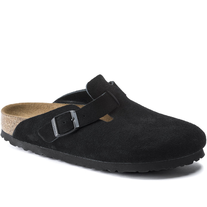 Quarter turn Women's Birkenstock Footwear style name Boston Soft Footbed Suede Regular in color Black Sde. Sku: 660471