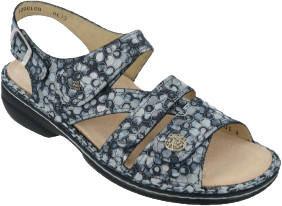 Quarter turn view Women's Finn Comfort Footwear style name Gomera-S in color Indigo Esandra. Sku: 82562-845210