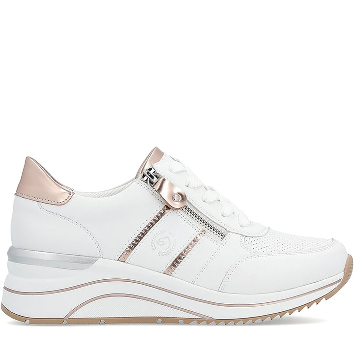 Quarter turn Women's Remonte Footwear style name Eleni 04 in color Weiss/ Weiss/ Kupfer/ Rock. Sku: D0T04-80