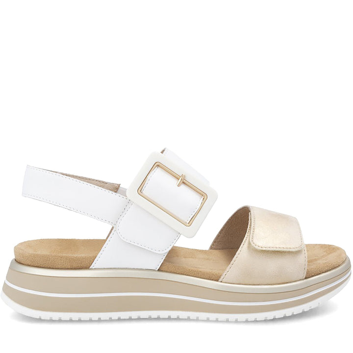 Quarter turn Women's Remonte Footwear style name Jocelyn 53 in color Muschel/ Weiss. Sku: D1J53-80