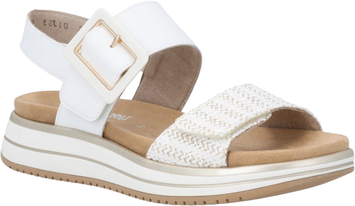 Quarter turn view Women's Remonte Footwear style name Jocelyn 53 in color Weiss/ Gold. Sku: D1J53-81