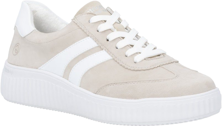 Quarter turn view Women's Remonte Footwear style name Levke 00 in color Pebble/ Weiss. Sku: D3E00-60