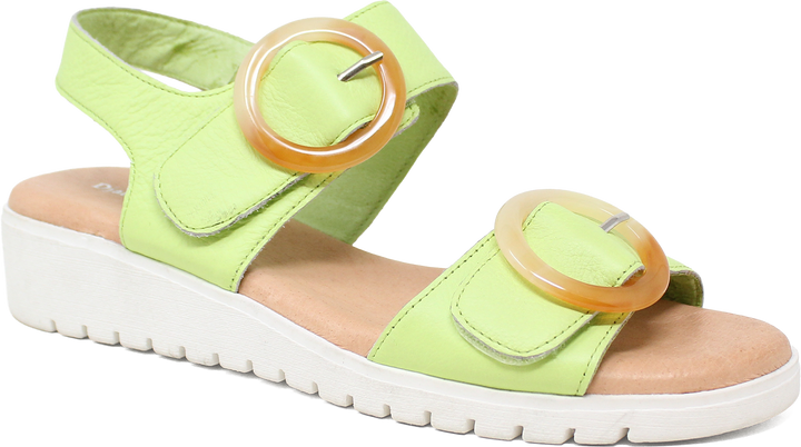 Green sandal with orange buckle on a white background